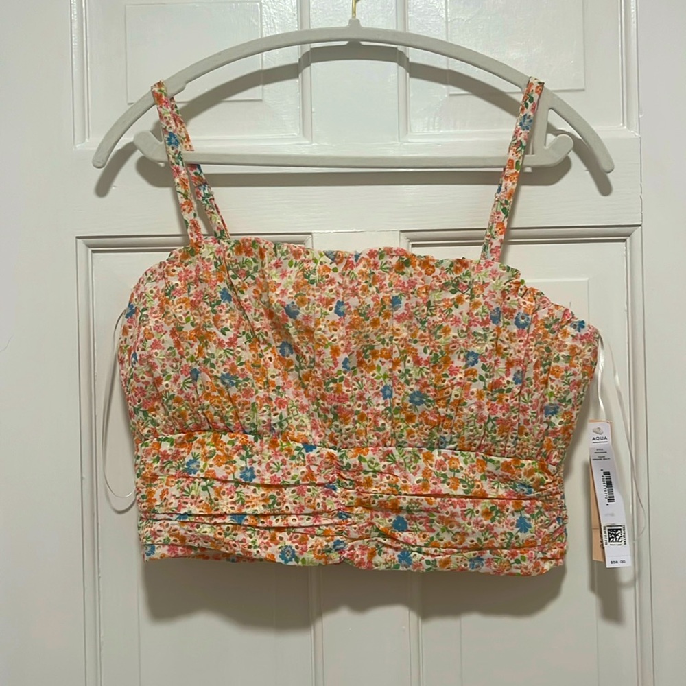 NWT AQUA Orange Multi Floral Cropped‎ Top - Size MEDIUM